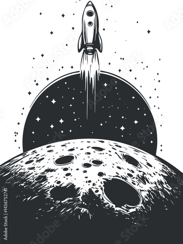 Black and white illustration of a rocket launching from the moon with stars and space background