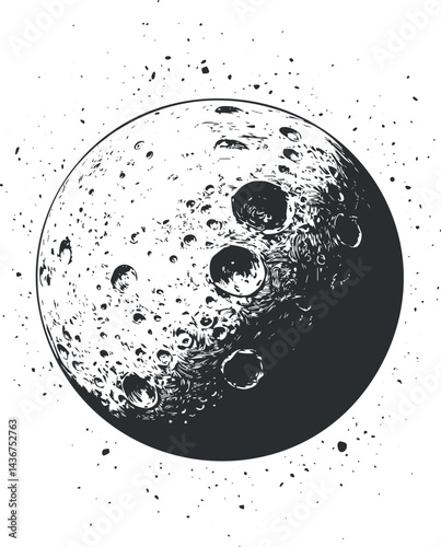 Black and white detailed illustration of the moon with visible craters and textured surface in space