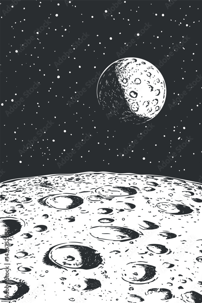 Black and white illustration of the moon's cratered surface with a starry night sky and a full moon in the background