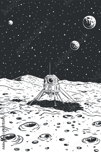 Black and white illustration of a lunar lander on the moon surface with craters and stars in space sky