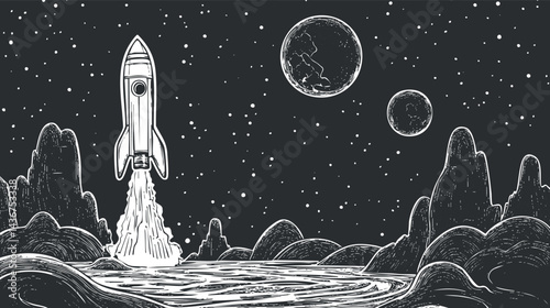 Illustration of a rocket launching from a rocky alien landscape with stars and two planets in the night sky