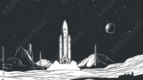 Black and white illustration of a rocket launching from a lunar landscape with stars and moon in the background