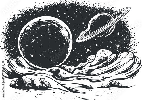 Black and white illustration of a cosmic landscape with a cratered planet and a ringed planet in space