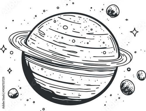 Black and white hand-drawn illustration of a ringed planet with multiple moons and stars in space