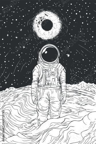 Black and white illustration of an astronaut standing on a lunar surface with a starry sky and a glowing celestial object above.