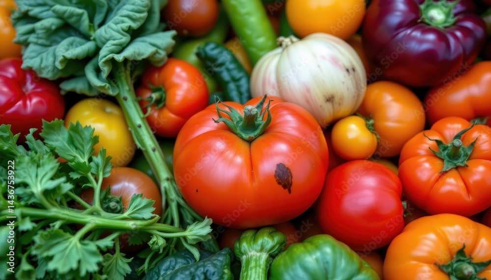 A vibrant array of freshly harvested vegetables, each boasting a vibrant hue and plump form, is punctuated by a single, forlorn tomato, its skin marred by a single, dark stain of rot A vibrant array of freshly harvested vegetables, each boasting a vibrant hue and plump form, is punctuated by a single, forlorn tomato, its skin marred by a single, dark stain of rot