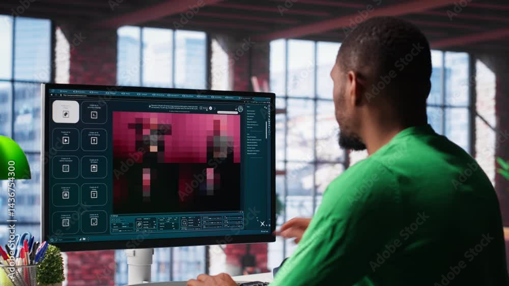 African American IT expert using AI technology to generate realistic images from text prompts. Young adult engaging with artificial intelligence tools online, text to image. Camera A.