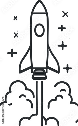 Black and white line art illustration of a rocket launching into space with smoke and stars