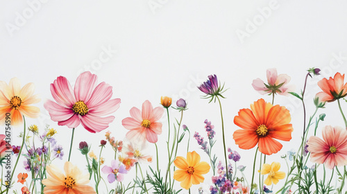 watercolor botanical Cosmos flowers texture template background.Elegant wedding invitation card background . Minimal hand painted Design for wedding or Valentine's Day