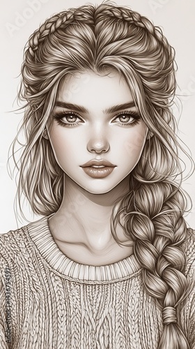 A young woman with long curly hair is depicted in a detailed black and white illustration, gazing thoughtfully to the side