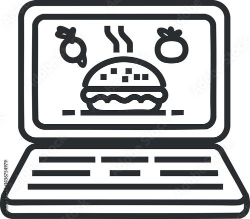 Black and white line illustration of a laptop screen showing a burger and food icons representing online food ordering or delivery service.
