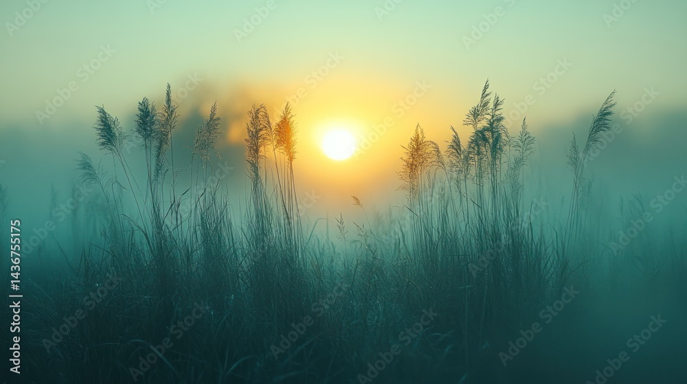 Fototapeta premium Sunrise or sunset over a field with blurry grass and hazy atmosphere.