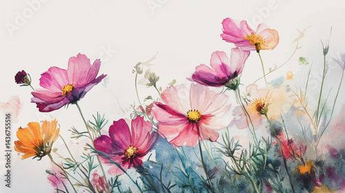 Wallpaper Mural watercolor botanical Cosmos flowers texture template background.Elegant wedding invitation card background . Minimal hand painted Design for wedding or Valentine's Day Torontodigital.ca