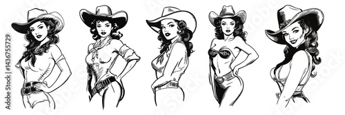 Vintage line art drawing style of a woman wearing western cowboy outfit