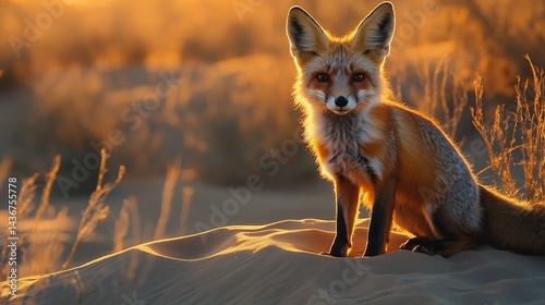 Striking desert fox with enormous ears standing atop a golden sand dune intense sunset light casting a warm glow cinematic wildlife portrait