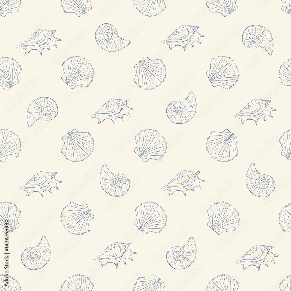 Seamless pattern with hand-drawn seashells. Monochrome ink. Ideal for packaging, wrapping paper, fabric, stationery, and textile design. Vector illustration Seamless pattern with hand-drawn seashells. Monochrome ink. Ideal for packaging, wrapping paper, fabric, stationery, and textile design. Vector illustration