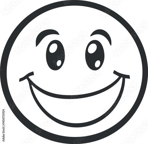 Simple black and white smiling face icon with cheerful expression and happy eyes