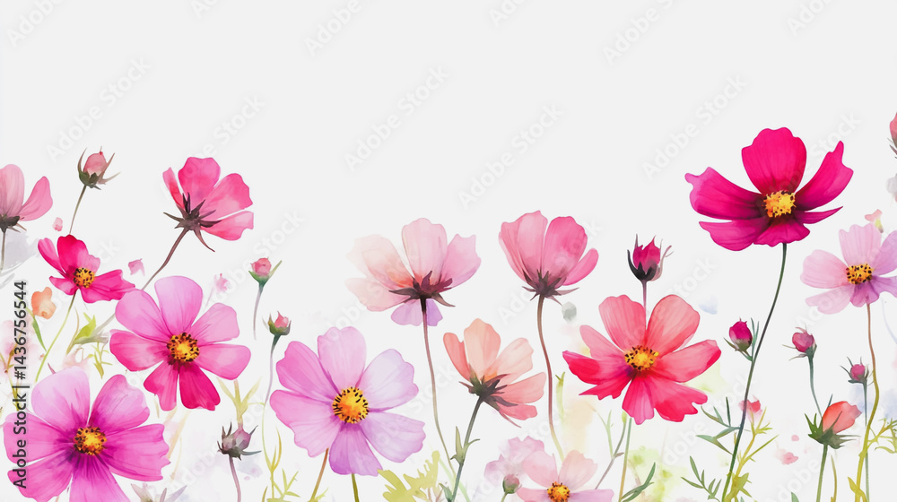 Fototapeta premium watercolor botanical Cosmos flowers texture template background.Elegant wedding invitation card background . Minimal hand painted Design for wedding or Valentine's Day