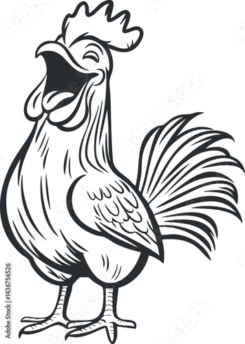Black and white line art illustration of a rooster crowing with detailed feathers and comb