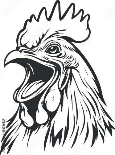 Black and white illustrated rooster head with open beak in vintage line art style