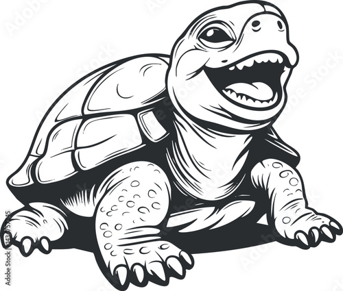 Black and white cartoon illustration of a smiling turtle with detailed shell and claws