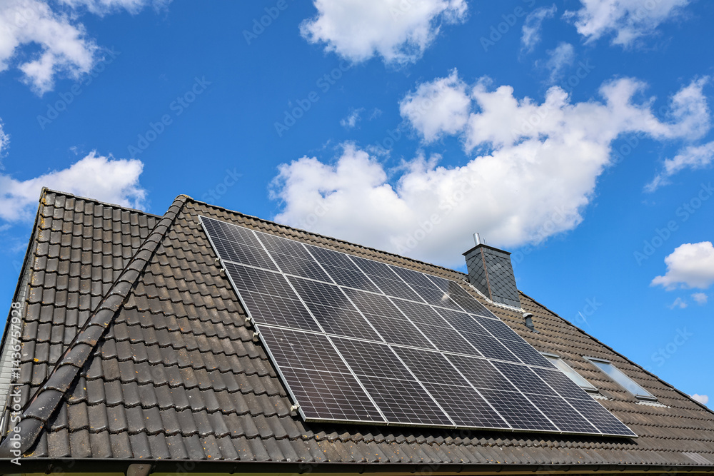 Fototapeta premium Photovoltaic panels producing renewable energy on rooftop under cloudy sky