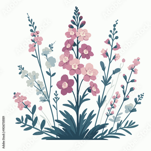 larkspur, flower, blossom, plant, floral, botanical, nature, isolated, illustration, drawing, hand drawn, marigold, graphic, garden, daffodil, vector, rose, art, design, set, summer, background, daisy