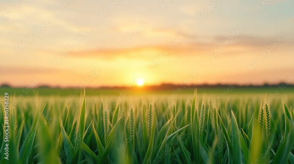Fototapeta premium Golden sunset over a vibrant green field
