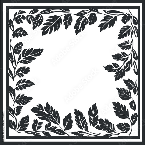 Decorative black and white square floral frame border with stylized leaves and botanical design photo