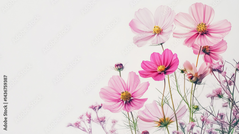 Naklejka premium watercolor botanical Cosmos flowers texture template background.Elegant wedding invitation card background . Minimal hand painted Design for wedding or Valentine's Day