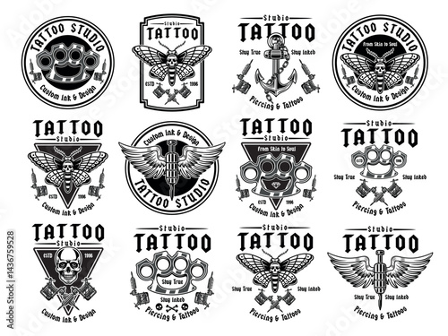 Vintage tattoo studio set of emblems with elements like tattoo machines, anchors, skulls, needles, moth or brass knuckles. Monochrome vector illustrations for labels, badges, prints, and branding