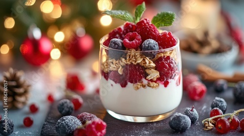 Festive yogurt parfait layered with berries and granola. photo