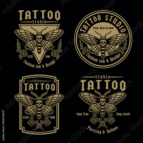 Vintage tattoo studio set of emblems with moth and tattoo machine. Gold color vector illustration in gothic and old school style. Perfect for tattoo designs, prints, and artistic compositions