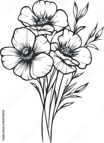 Black and white line art illustration of three blooming flowers with stems and leaves in a simple botanical style.