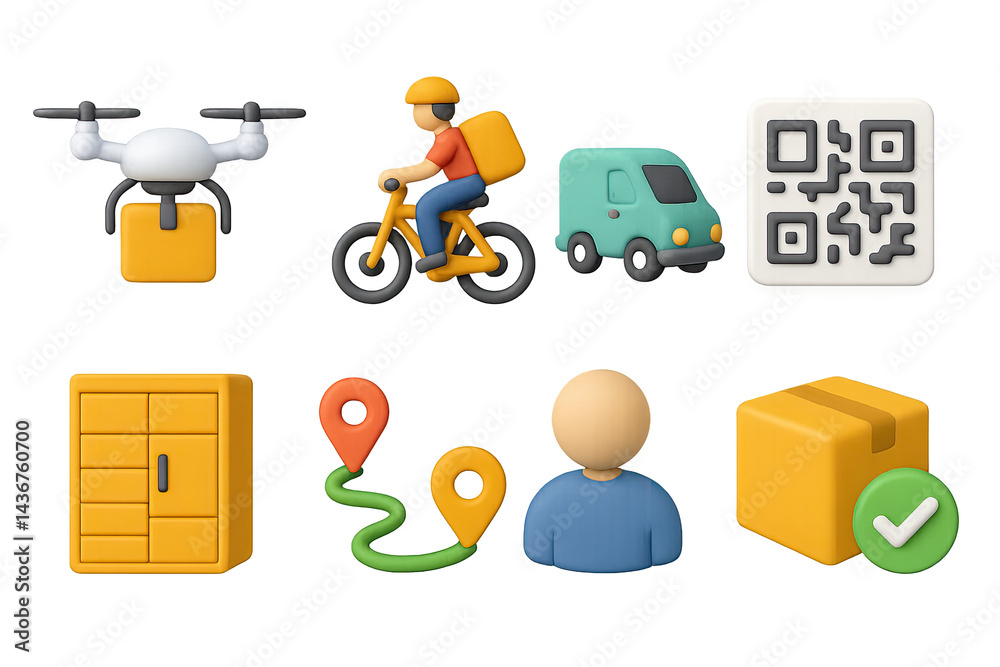 Delivery service 3d icon set – vibrant logistics, transport, and parcel management symbols for efficient shipping: drone, bicycle courier, truck, qr code, locker, route, customer, package