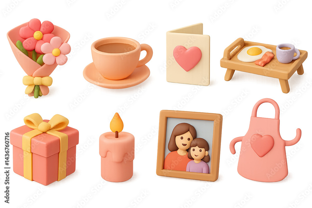 Mother's day 3d icons set – charming gift and celebration symbols for seo: flowers, coffee, greeting card, breakfast tray, gift box, candle, family photo, apron.