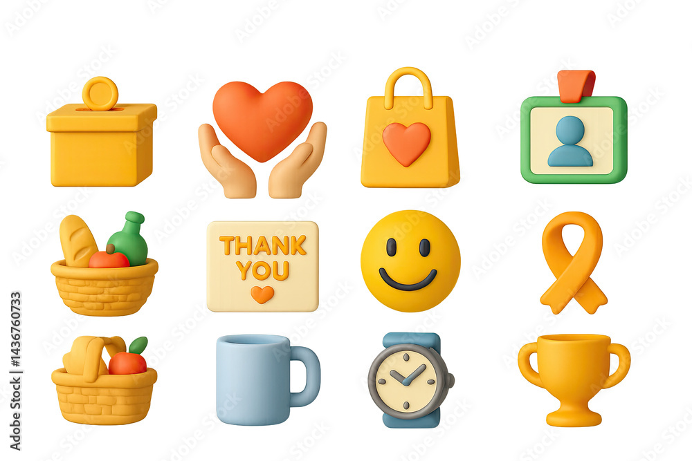 Donation and charity 3d icon set – colorful symbols of giving, support, and kindness: heart, gift box, shopping bag, ribbon, basket, thank you card, trophy, id badge.