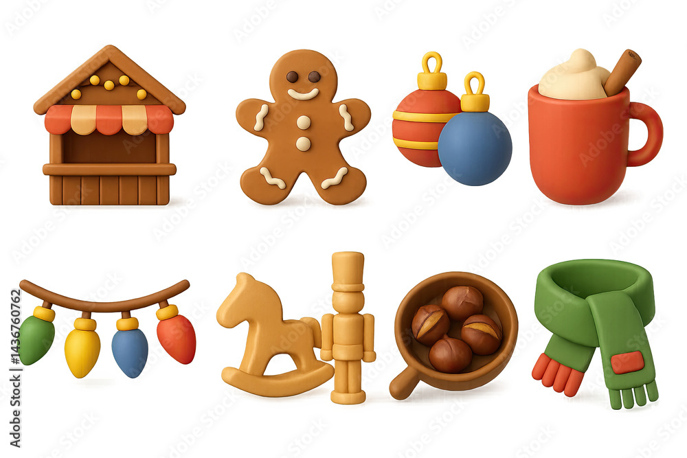 Festive christmas 3d icon set – holiday, celebration, and winter theme symbols for seasonal designs: gingerbread man, christmas lights, hot chocolate, scarf, nutcracker.