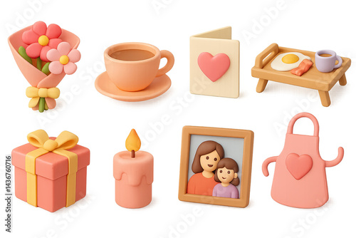 Obraz na płótnie Mother's day 3d icons set – charming gift and celebration symbols for seo: flowers, coffee, greeting card, breakfast tray, gift box, candle, family photo, apron. w salonie
