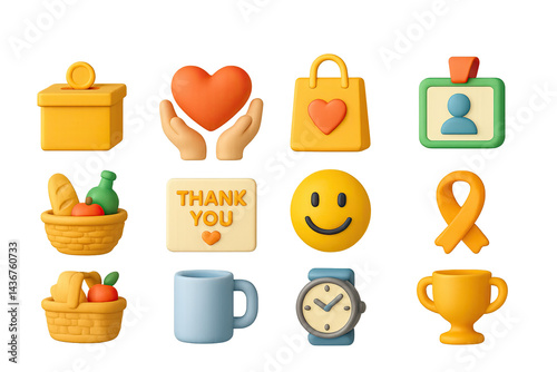 Obraz na płótnie Donation and charity 3d icon set – colorful symbols of giving, support, and kindness: heart, gift box, shopping bag, ribbon, basket, thank you card, trophy, id badge. w salonie