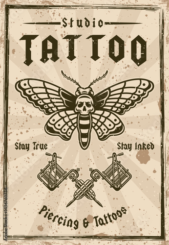 Vintage tattoo studio poster vector illustration with classic tattoo machines and moth. Perfect for tattoo shop branding, retro designs aesthetic