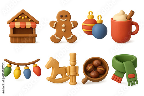 Obraz na płótnie Festive christmas 3d icon set – holiday, celebration, and winter theme symbols for seasonal designs: gingerbread man, christmas lights, hot chocolate, scarf, nutcracker. w salonie