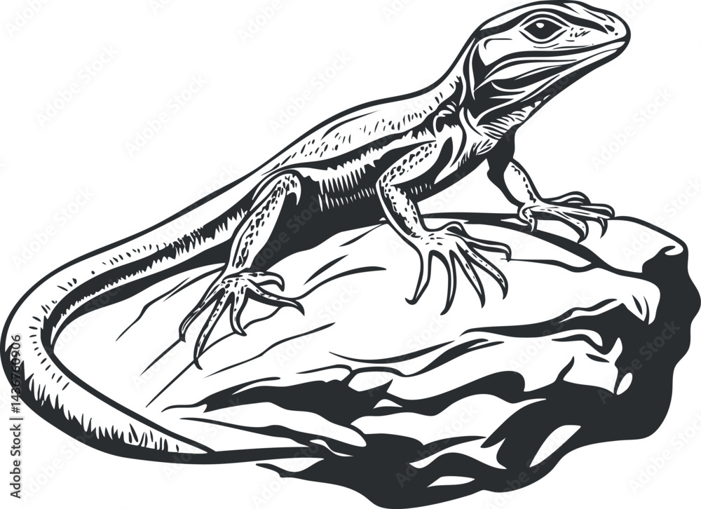 Fototapeta premium Black and white illustration of a lizard crawling on a rock showing detailed scales and claws