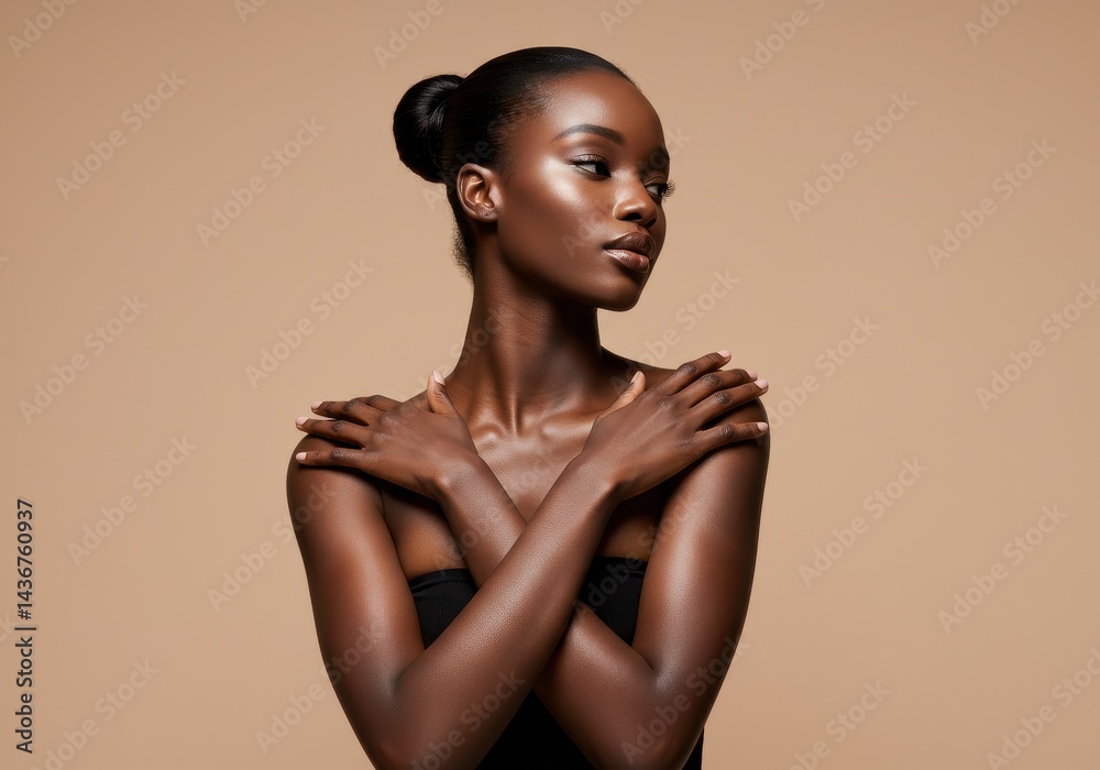 Elegant woman with dark skin and arms crossed poses against beige background Elegant woman with dark skin and arms crossed poses against beige background