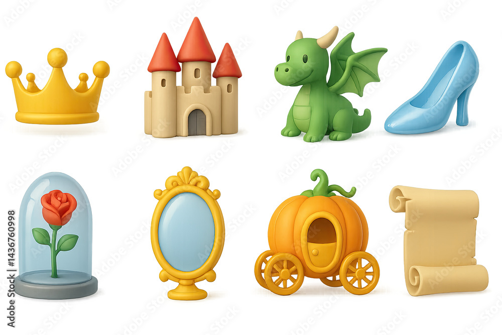 Fairytale and fantasy icon set – 3d style magic, enchantment, and storybook symbols: crown, castle, dragon, glass slipper, rose, mirror, pumpkin carriage, scroll