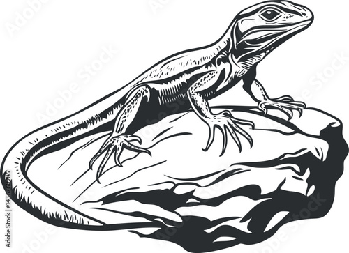 Black and white illustration of a lizard crawling on a rock showing detailed scales and claws