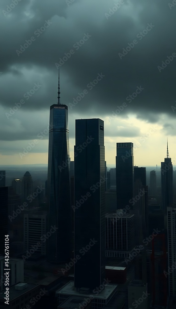 Fototapeta premium view of a city with tall buildings under a cloudy sky