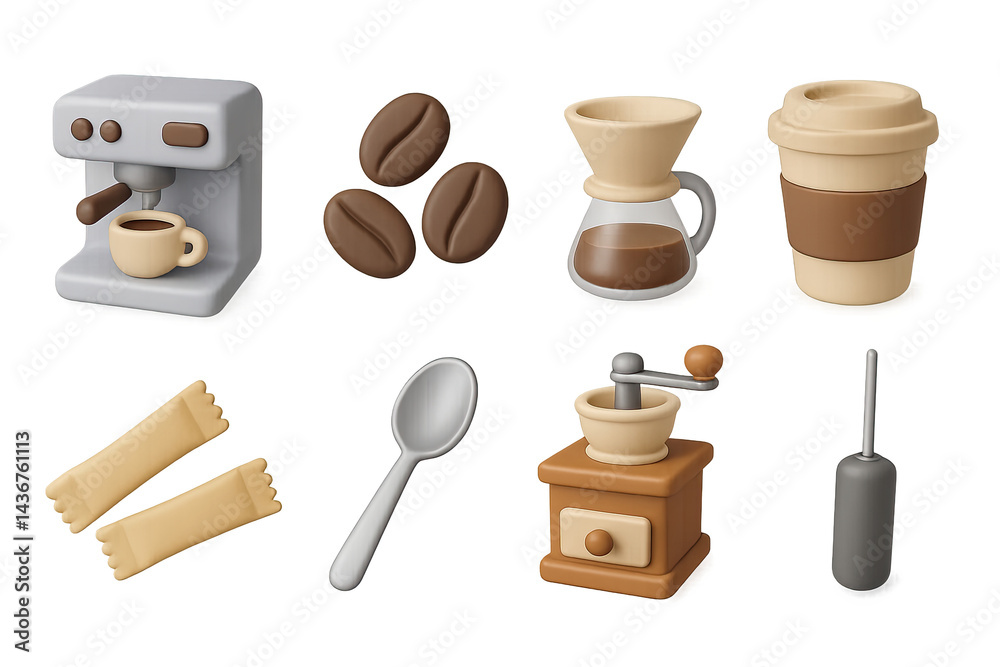 Coffee essentials icon set – 3d style cafe, brew, and barista elements for coffee lovers: espresso machine, coffee beans, dripper, coffee cup, sugar packets, spoon, grinder, frother.