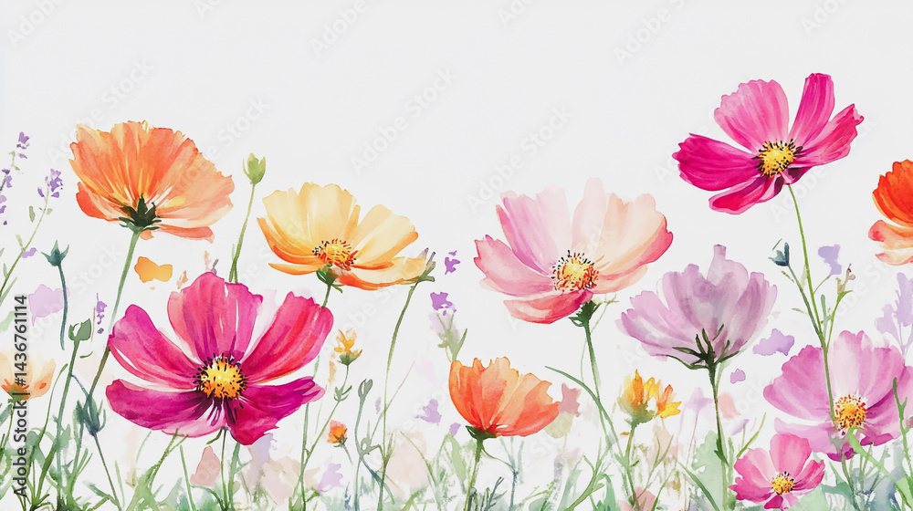 Fototapeta premium watercolor botanical Cosmos flowers texture template background.Elegant wedding invitation card background . Minimal hand painted Design for wedding or Valentine's Day