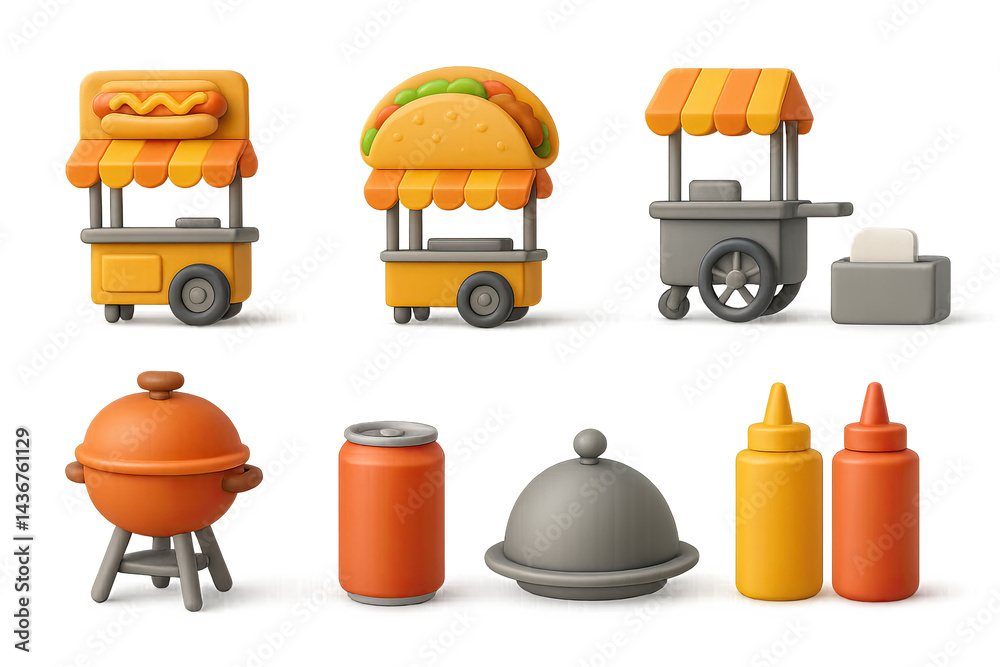 Street food 3d icon set – vibrant fast food, mobile vendor, and snack cart symbols for culinary projects: hotdog, taco, food cart, bbq grill, soda can, sauce bottles